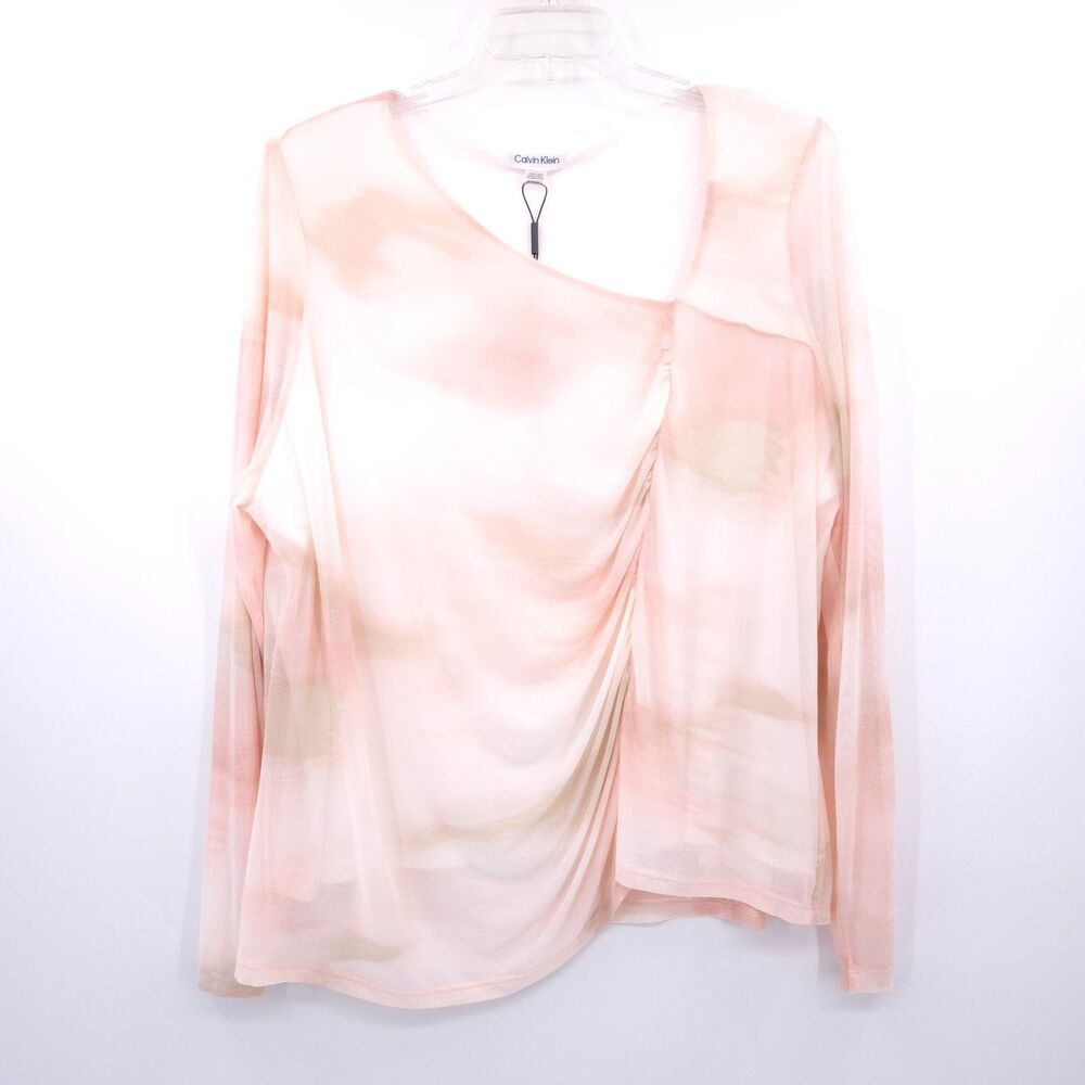Calvin Klein Collection Sheer Draped Long-Sleeve Blouse in Blush and Cream